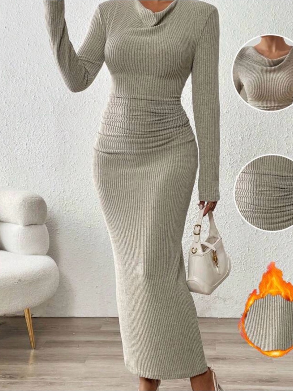 Ribbed Long Sleeve Bodycon Maxi Dress in Light Beige
